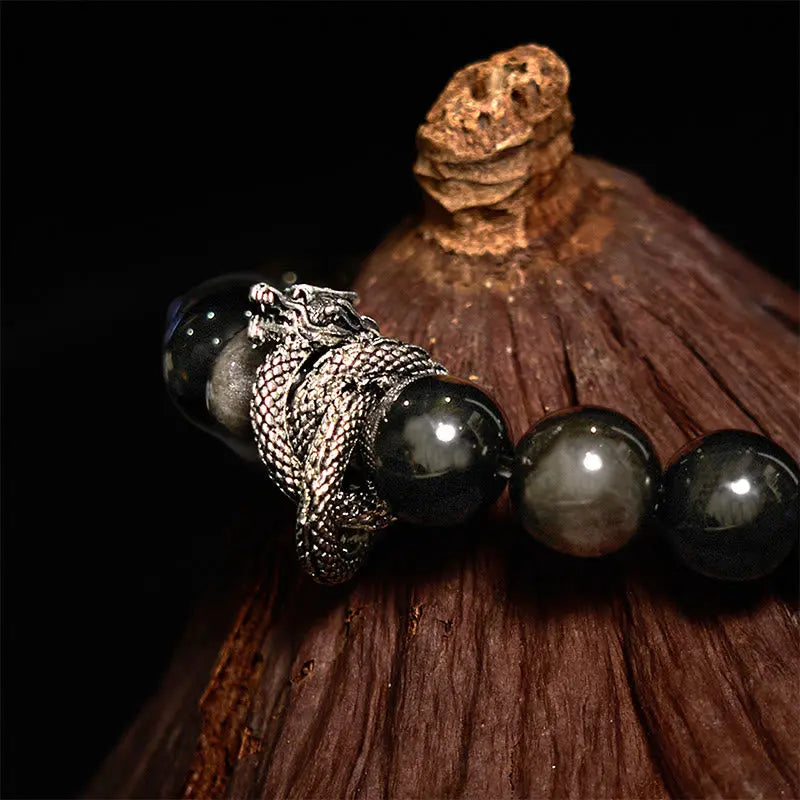 Buddha Stones Silver Sheen Obsidian Dragon Protection Bracelet BS