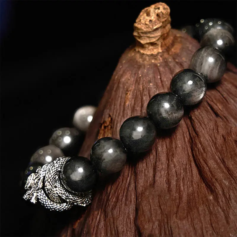 Buddha Stones Silver Sheen Obsidian Dragon Protection Bracelet BS