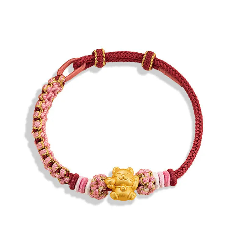 Buddha Stones Handmade 999 Sterling Silver Fortune Cat Ingot Peach Blossom Luck Red Rope Bracelet BS