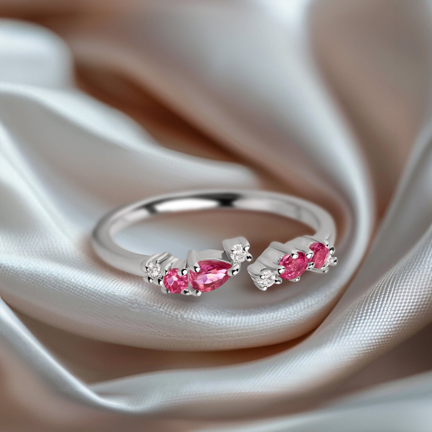 Adjustable Pink Tourmaline Ring Flourish - October Birthstone Moon Magic