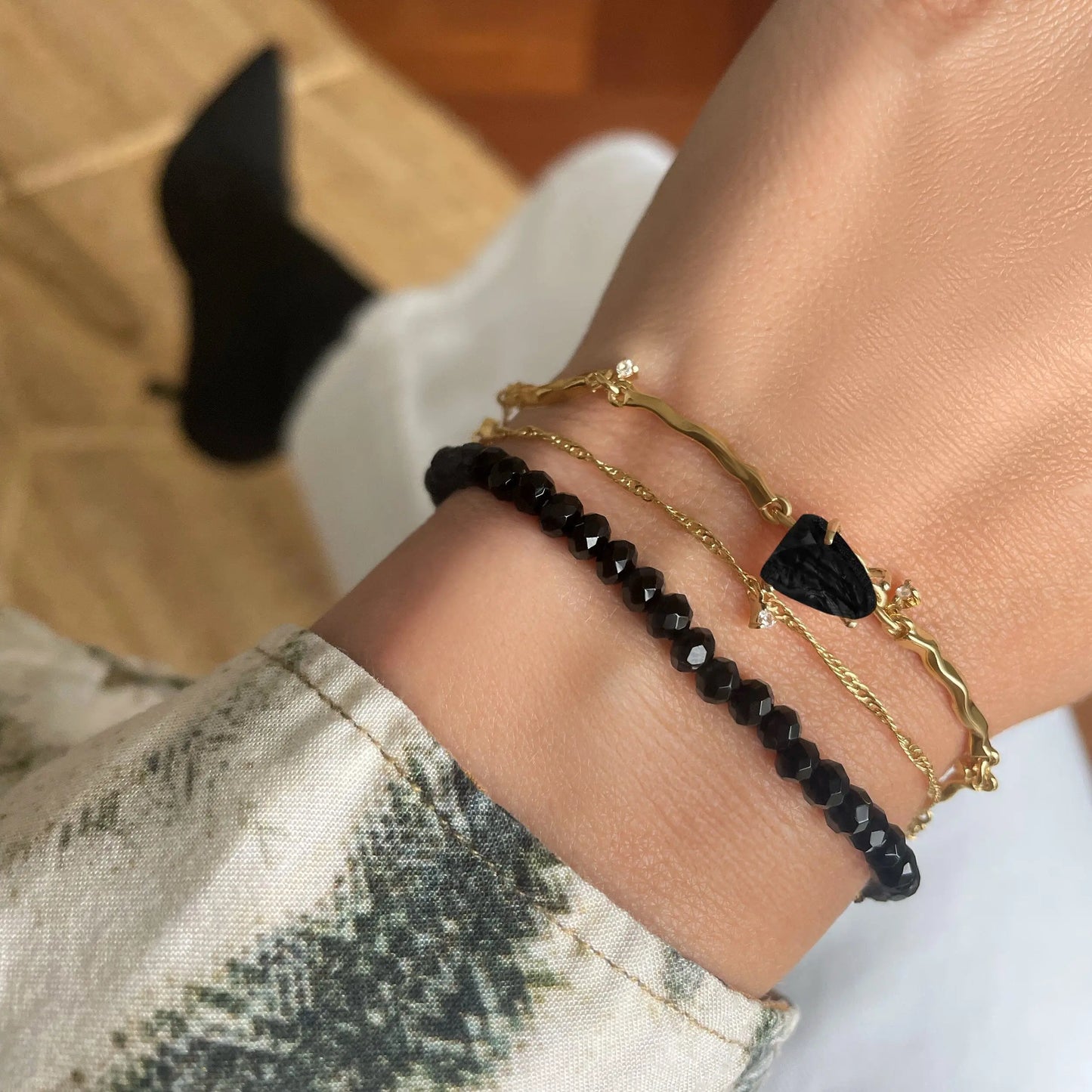 Black Obsidian Bracelet Stack - Flowing Strength Moon Magic