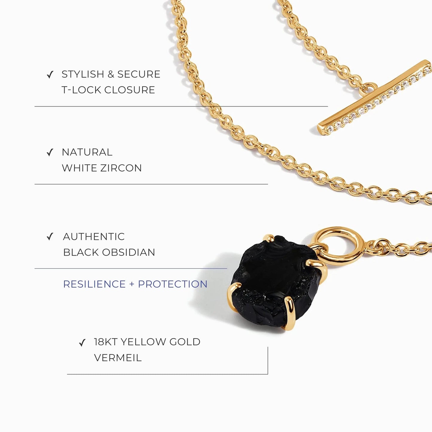 Raw Crystal Necklace - Black Obsidian T Lock Moon Magic