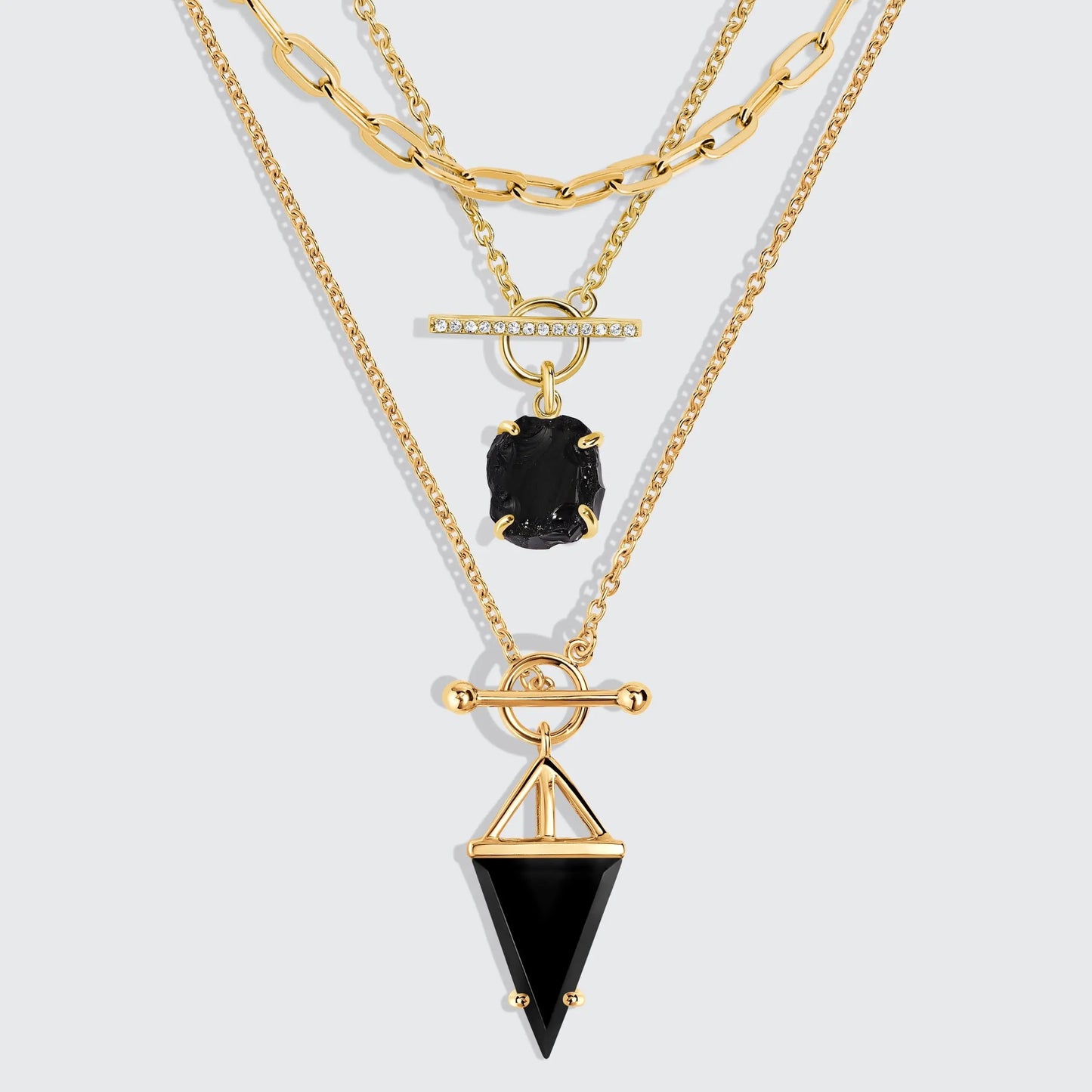 Black Obsidian Heroine T Lock & Raw Crystal T Lock Necklaces & Widelink Chain Moon Magic