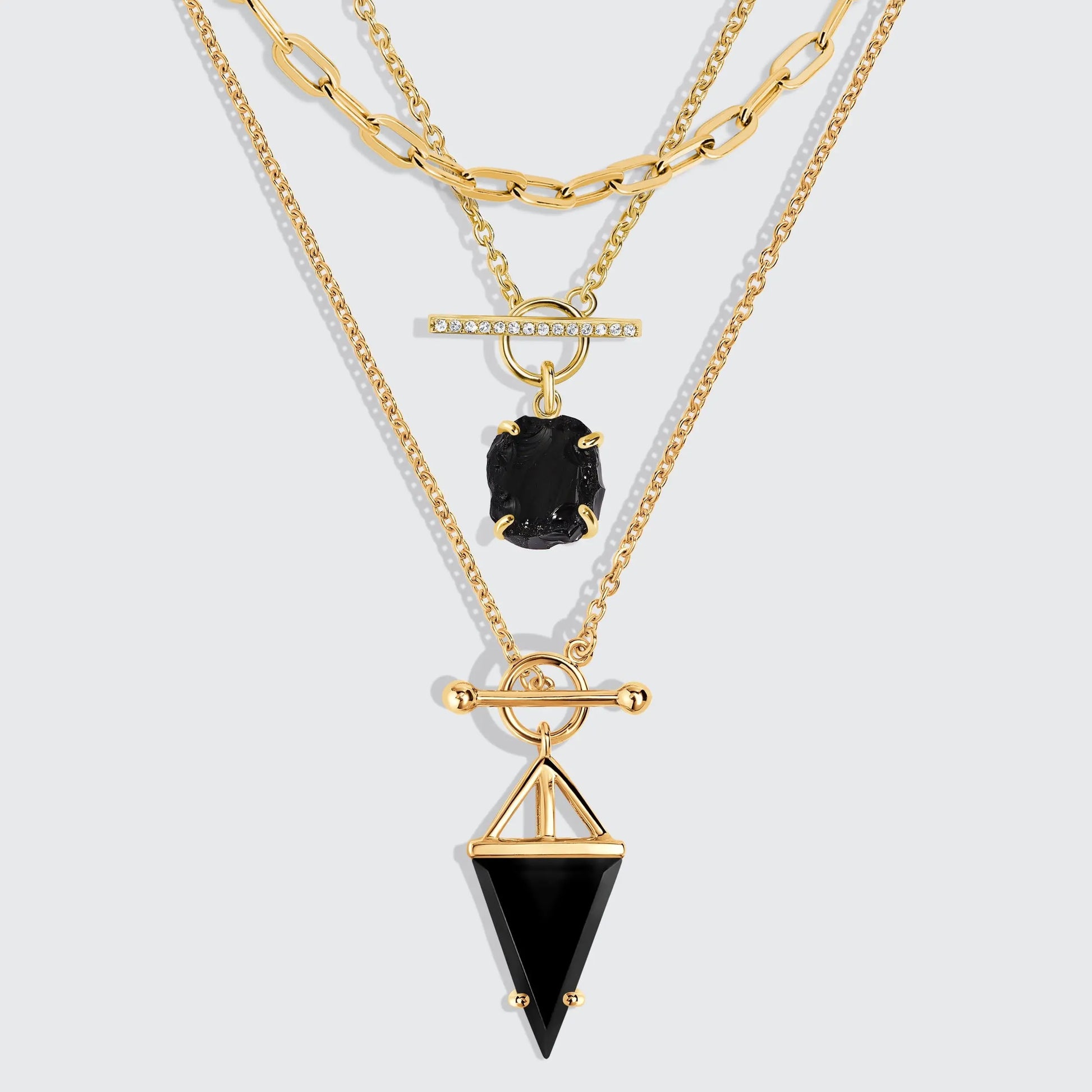 Black Obsidian Heroine T Lock & Raw Crystal T Lock Necklaces & Widelink Chain Moon Magic