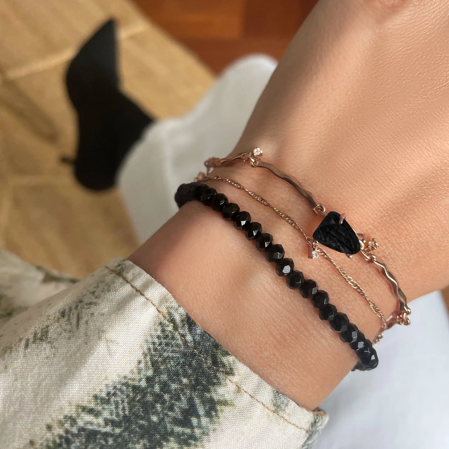 Black Obsidian Bracelet Stack - Flowing Strength Moon Magic