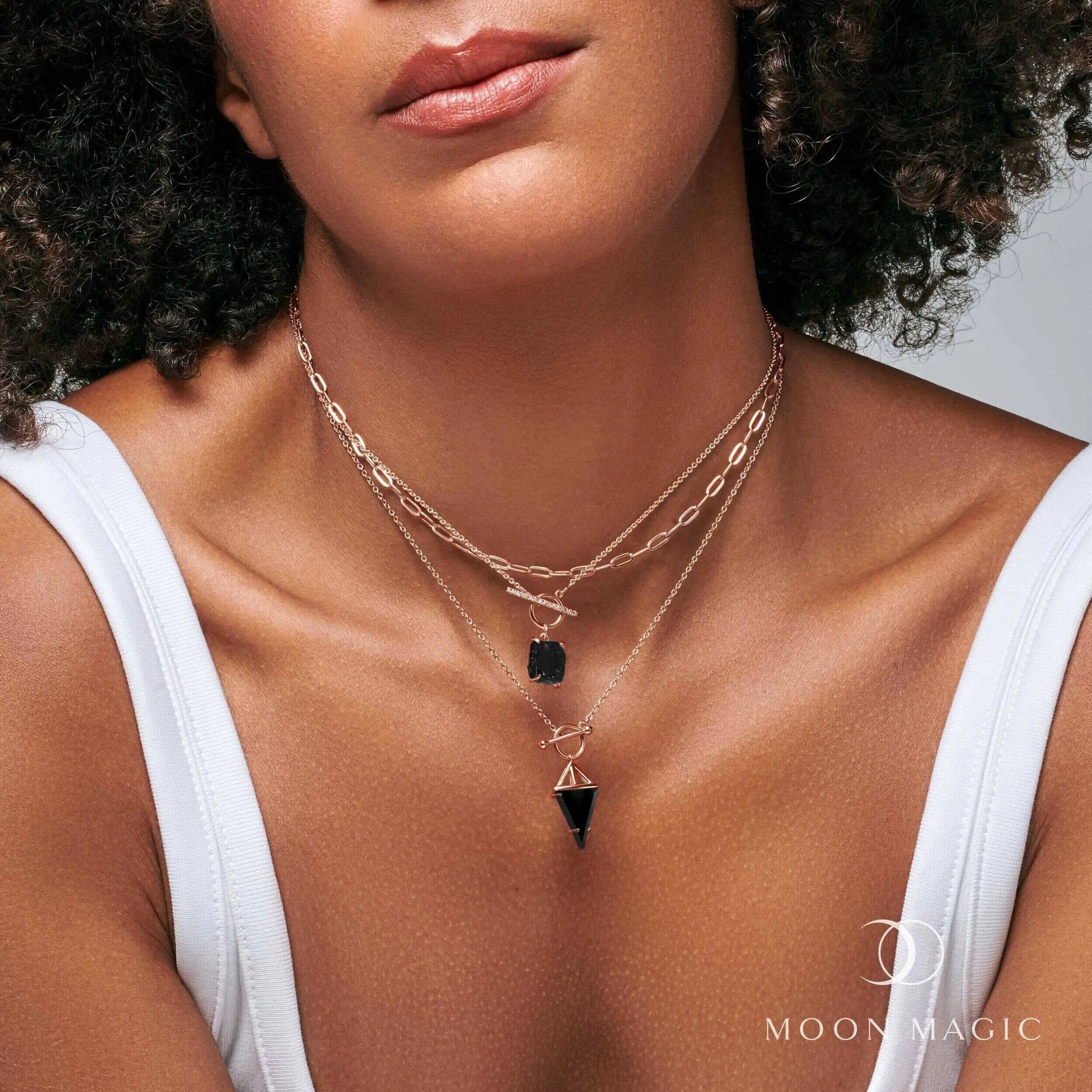 Black Obsidian Heroine T Lock & Raw Crystal T Lock Necklaces & Widelink Chain Moon Magic