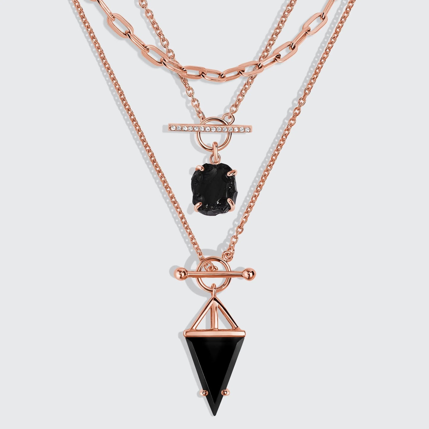 Black Obsidian Heroine T Lock & Raw Crystal T Lock Necklaces & Widelink Chain Moon Magic