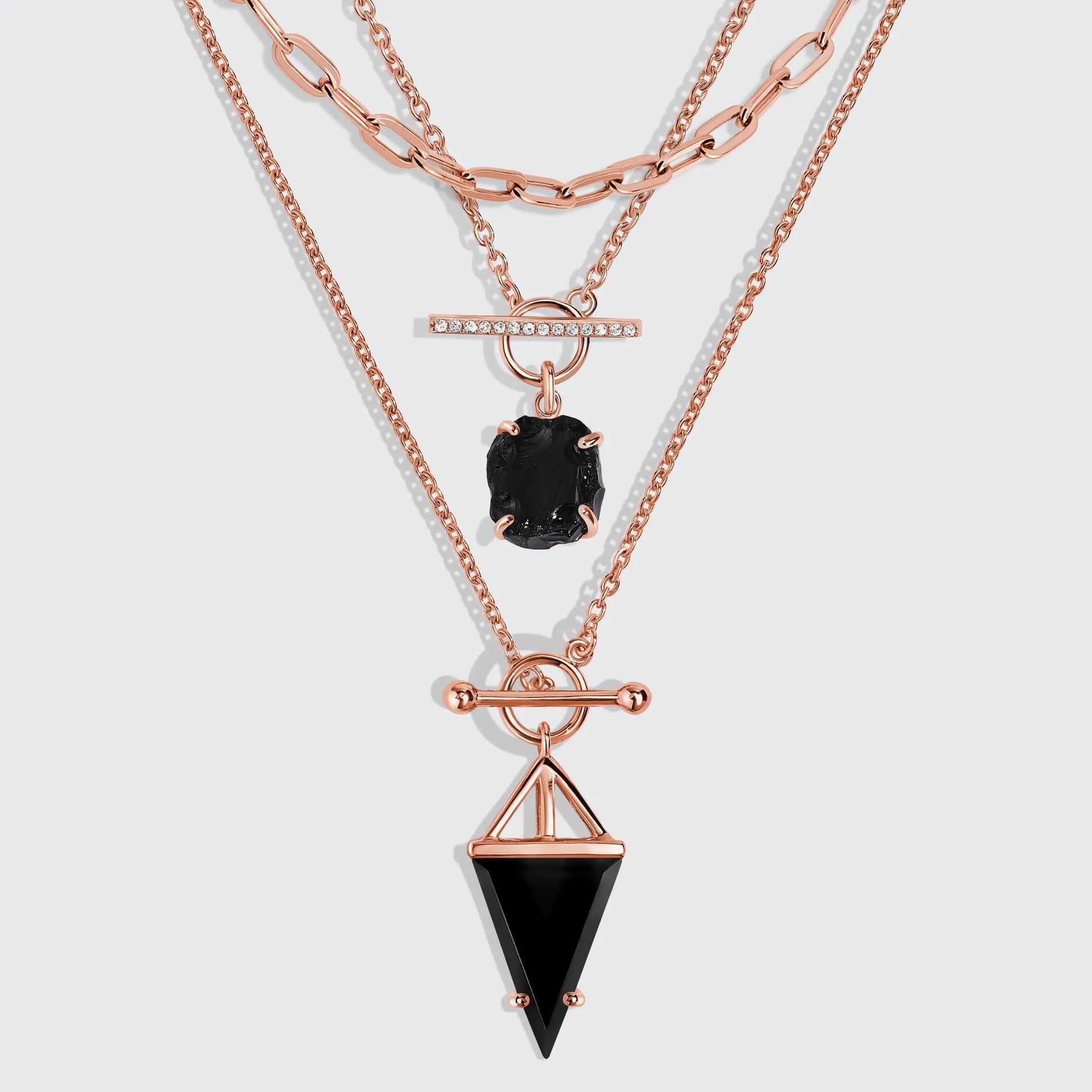 Black Obsidian Heroine T Lock & Raw Crystal T Lock Necklaces & Widelink Chain Moon Magic