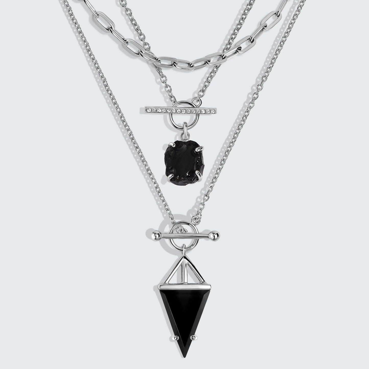 Black Obsidian Heroine T Lock & Raw Crystal T Lock Necklaces & Widelink Chain Moon Magic