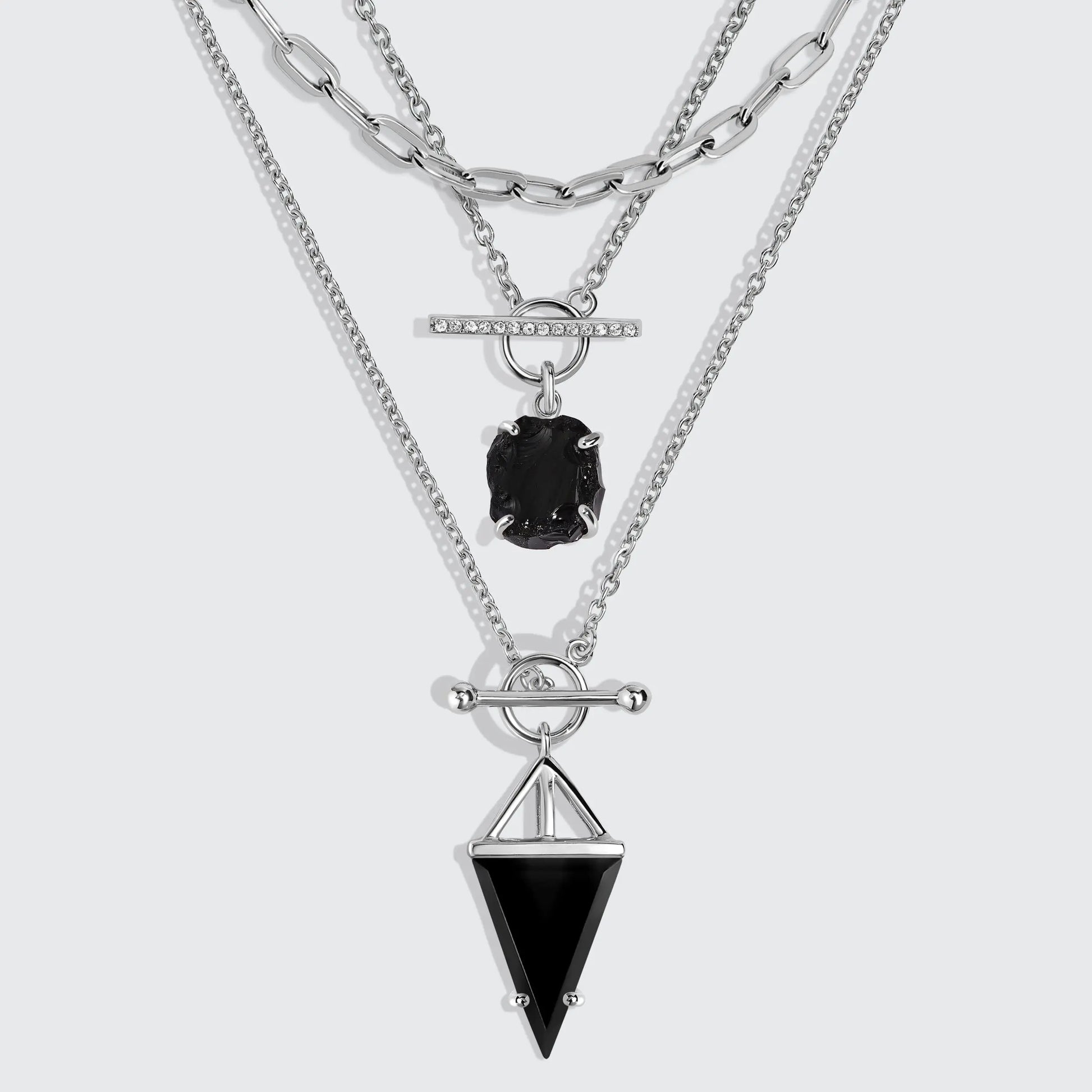 Black Obsidian Heroine T Lock & Raw Crystal T Lock Necklaces & Widelink Chain Moon Magic
