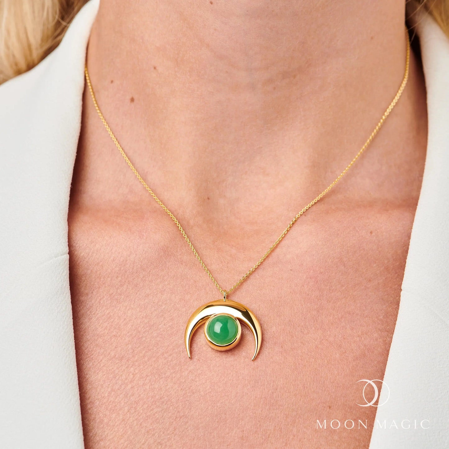 Green Jade Necklace - Crescent Moon Moon Magic