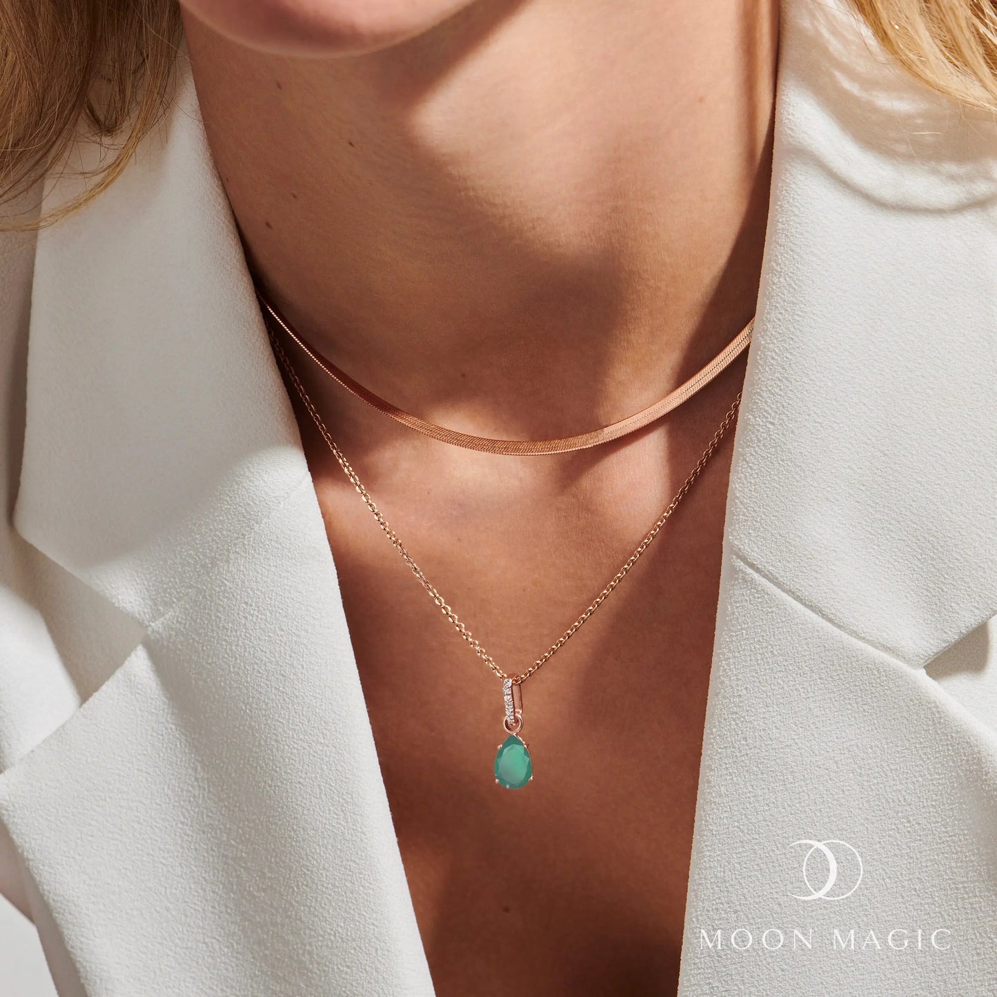 Green Onyx Birthstone Sway Necklace & Herringbone Chain Moon Magic