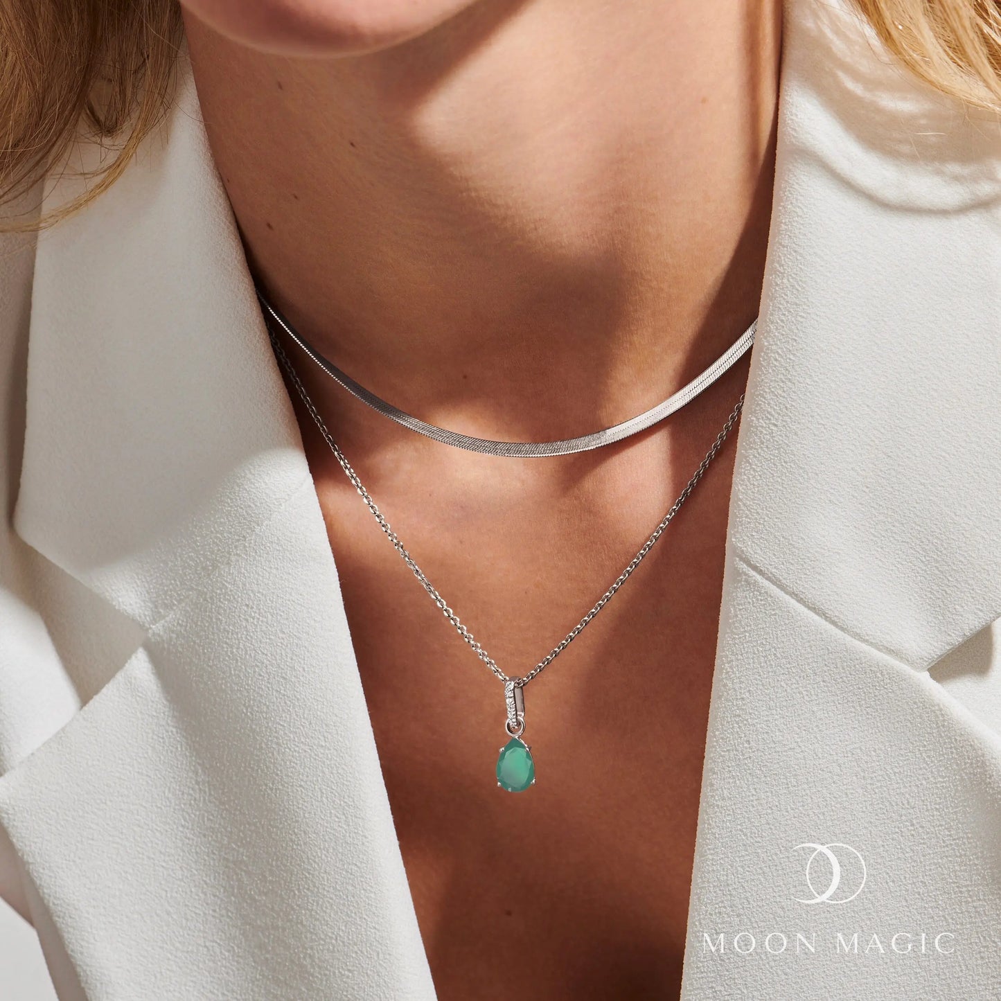 Green Onyx Birthstone Sway Necklace & Herringbone Chain Moon Magic