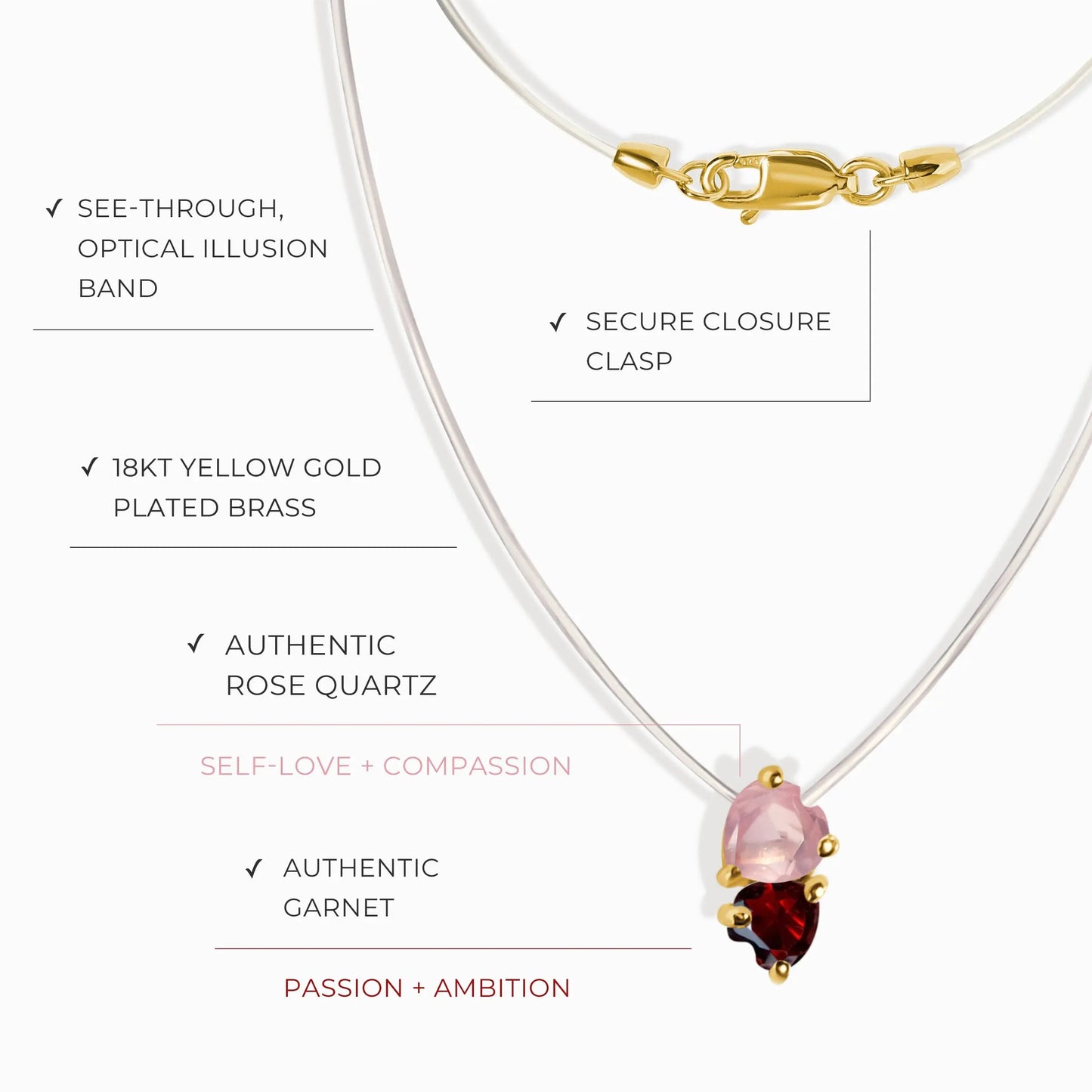 Rose Quartz & Garnet Necklace - Floating Hearts Moon Magic