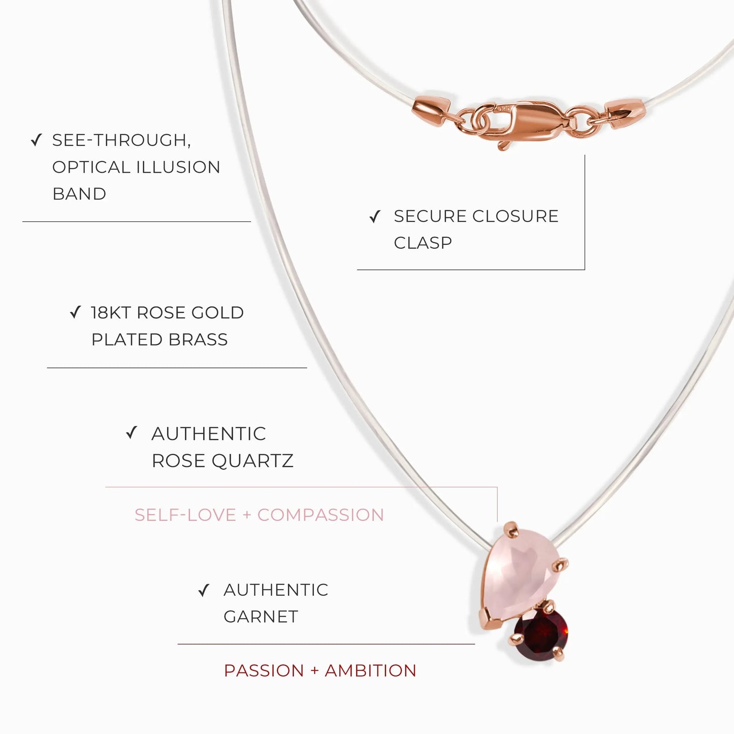 Floating Necklace - Toi Et Moi Rose Quartz & Garnet Moon Magic