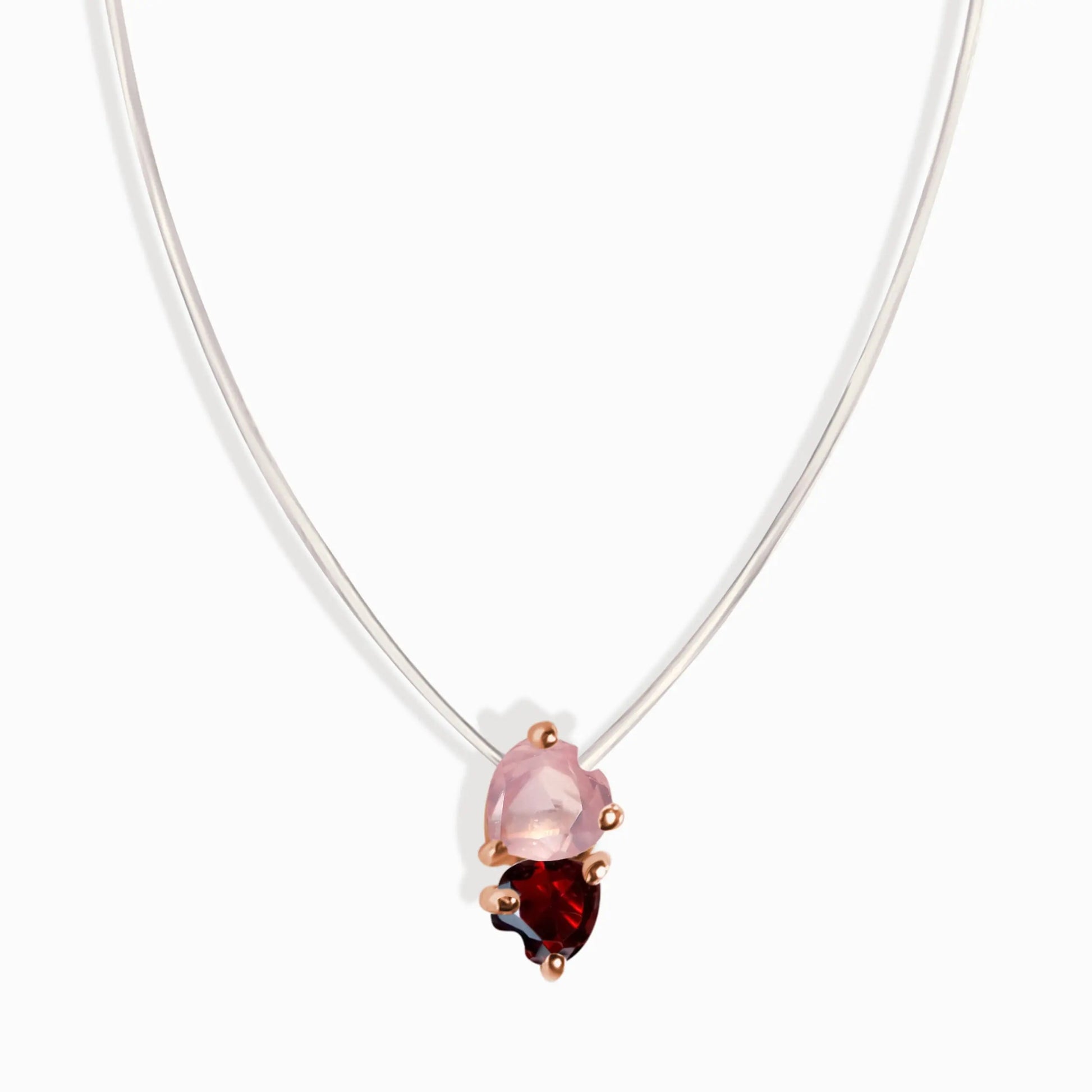 Rose Quartz & Garnet Necklace - Floating Hearts Moon Magic