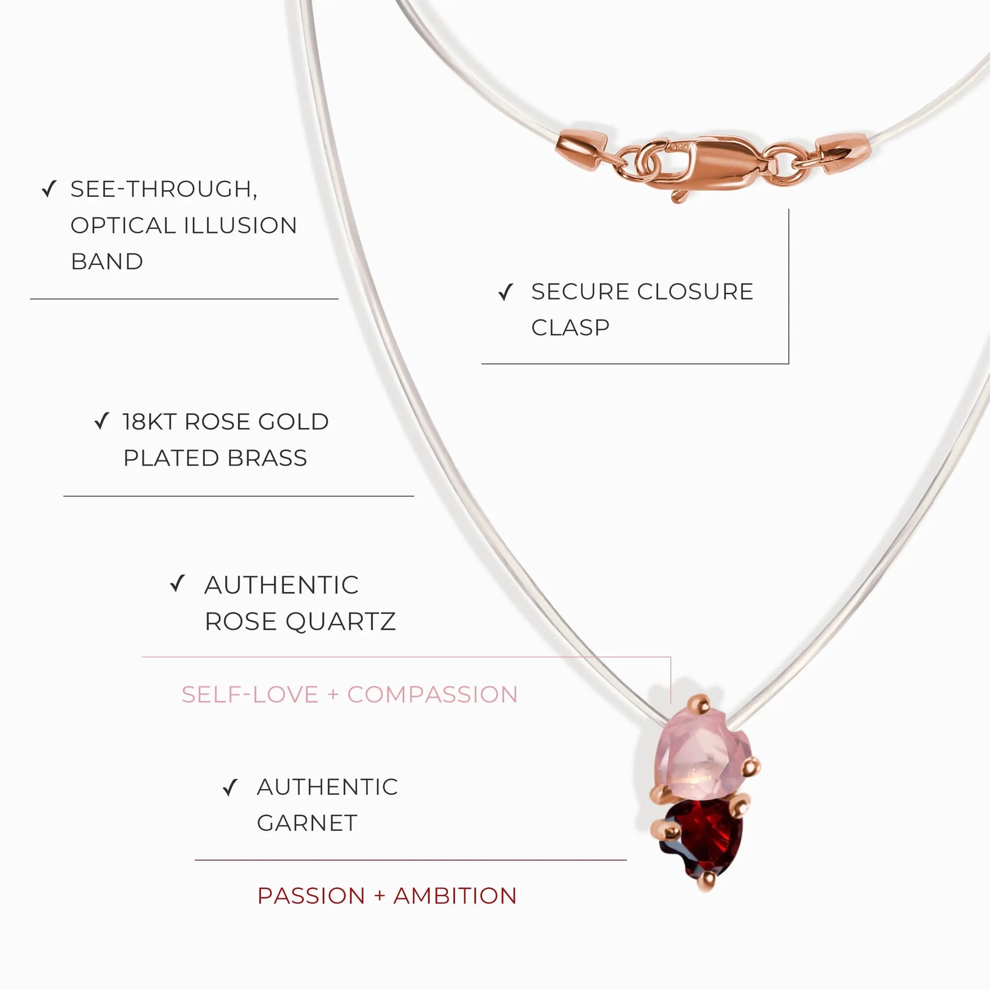 Rose Quartz & Garnet Necklace - Floating Hearts Moon Magic
