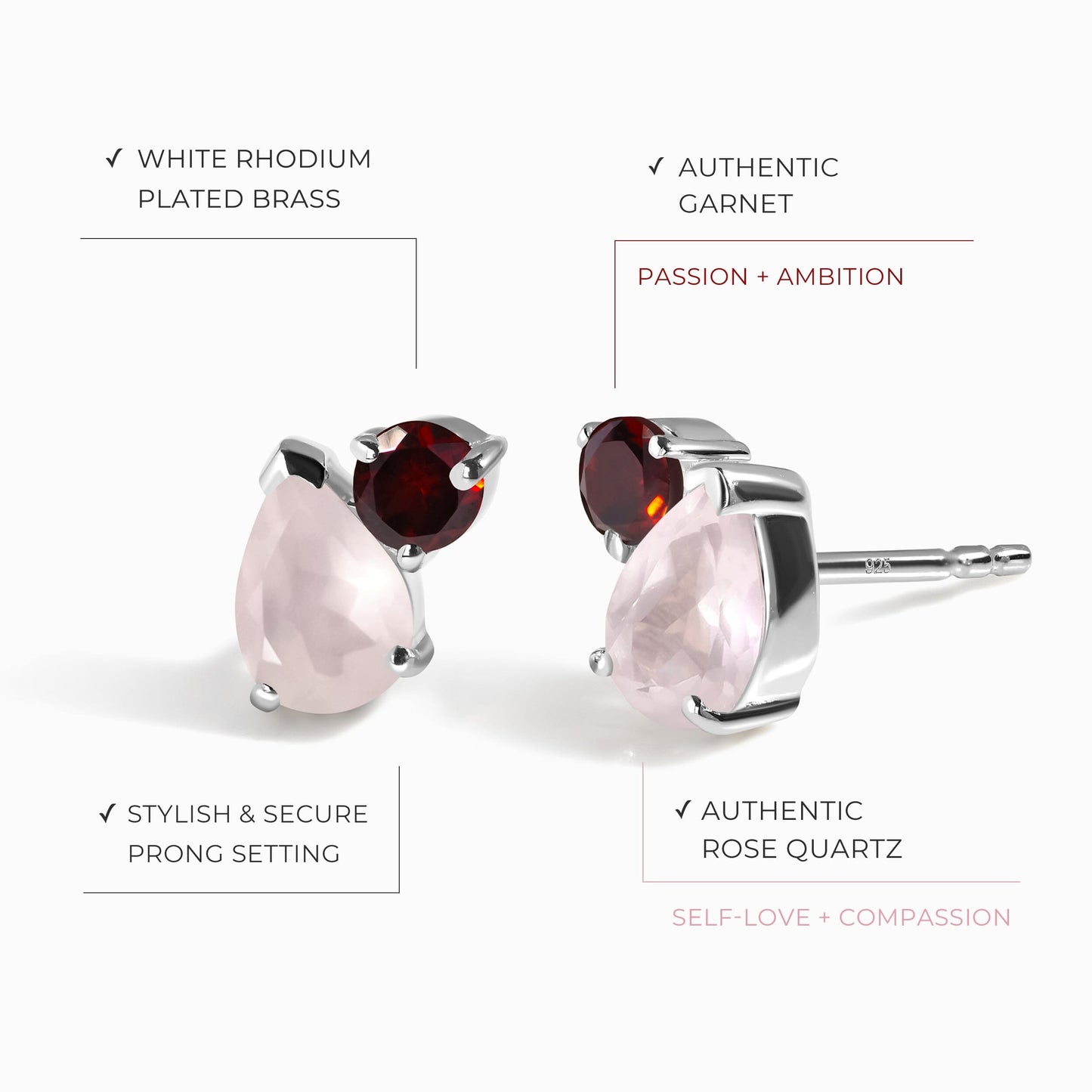 Rose Quartz Garnet Studs - Toi Et Moi Moon Magic