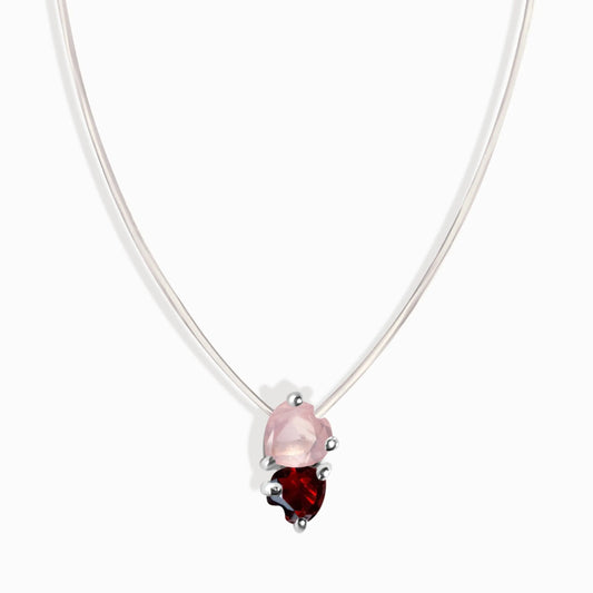 Rose Quartz & Garnet Necklace - Floating Hearts Moon Magic