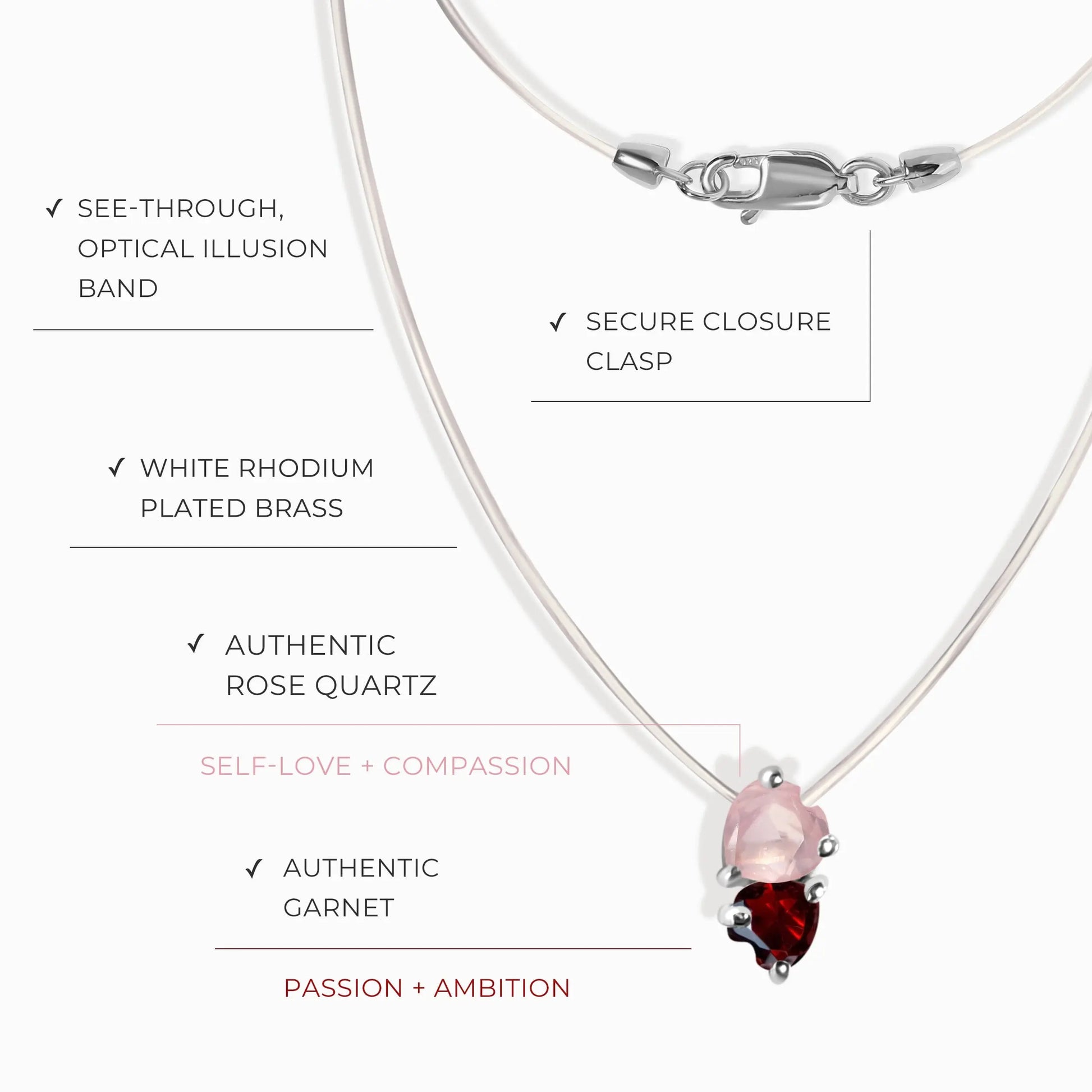 Rose Quartz & Garnet Necklace - Floating Hearts Moon Magic