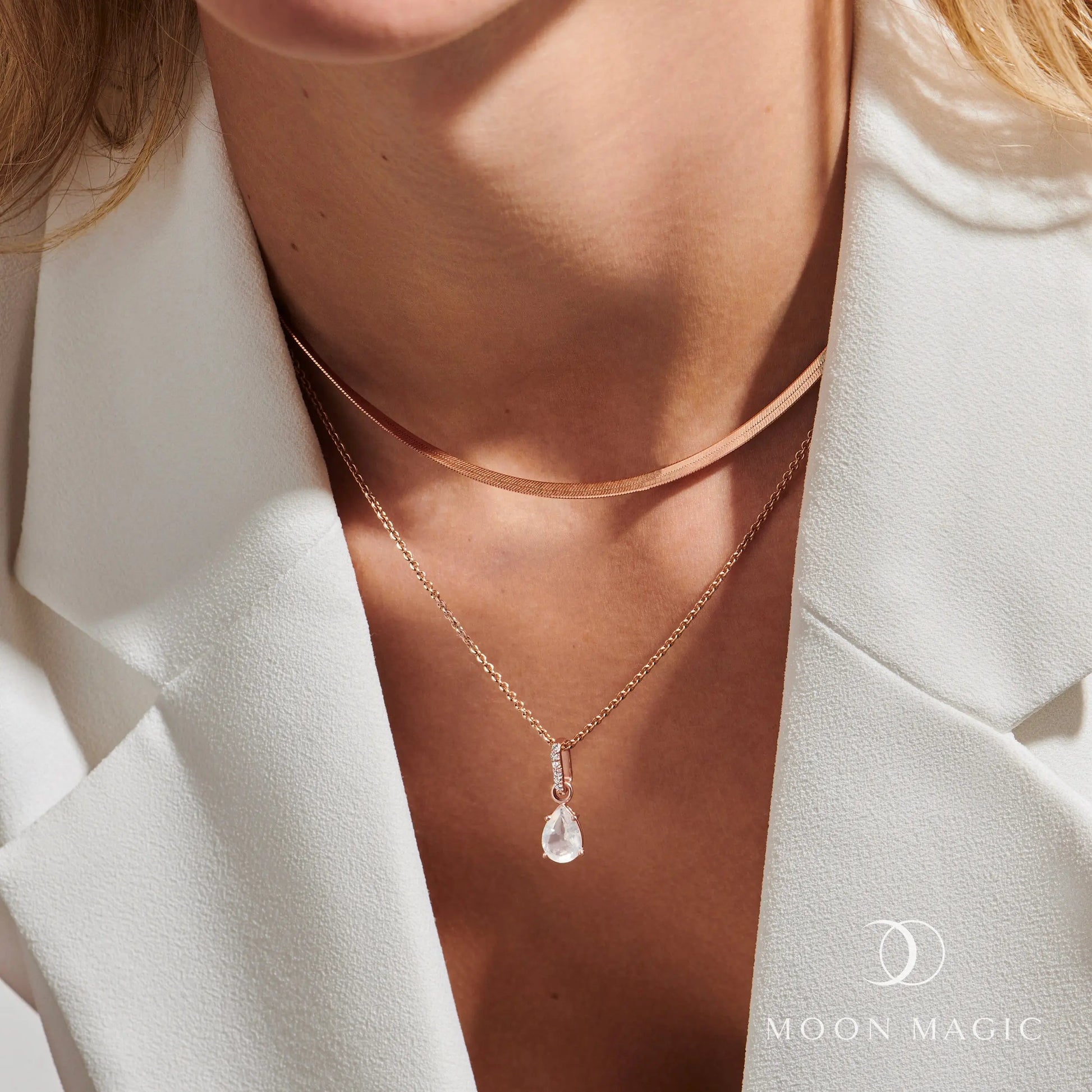 White Topaz Birthstone Sway Necklace & Herringbone Chain Moon Magic