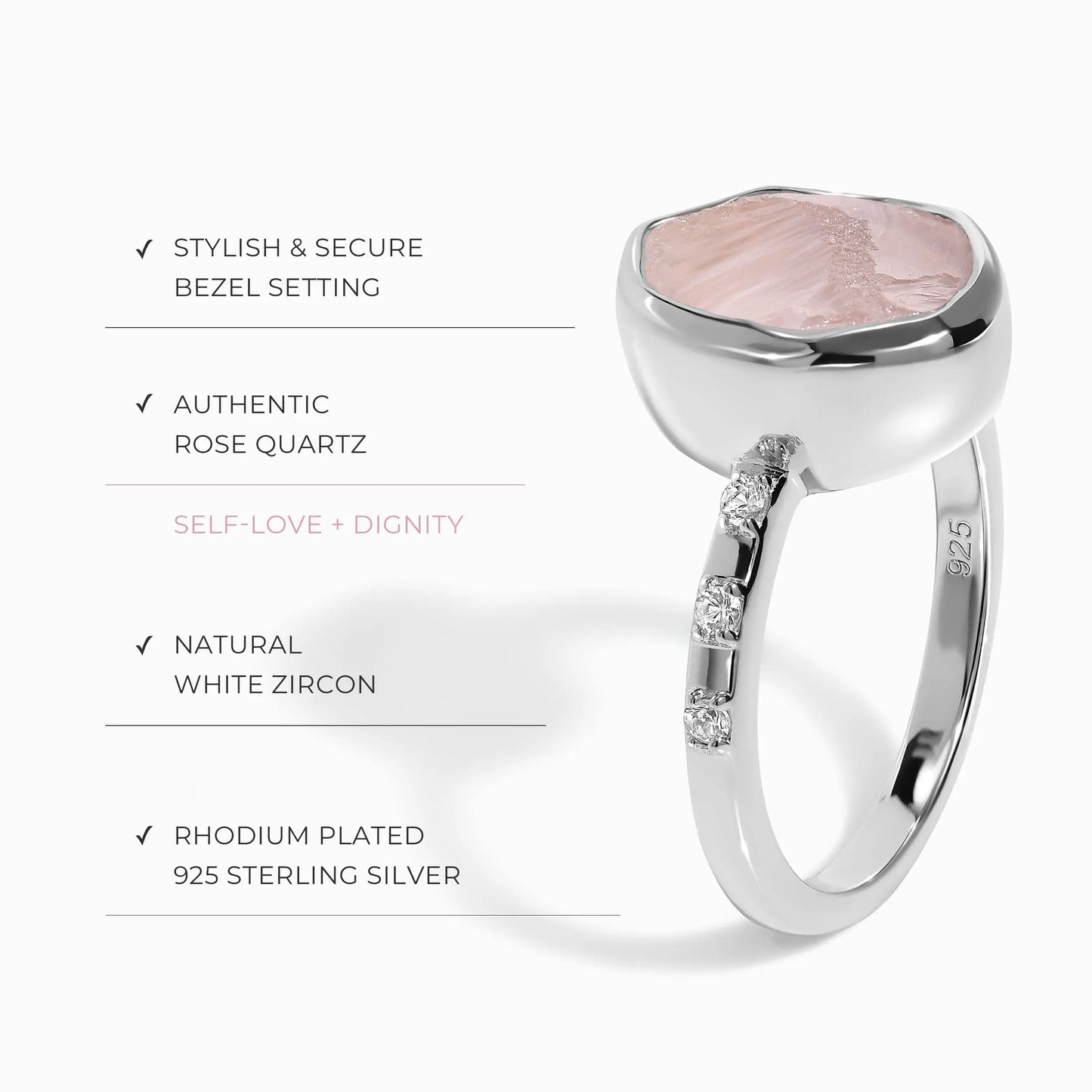 Raw Crystal Ring - Hypnotic Rose Quartz Moon Magic