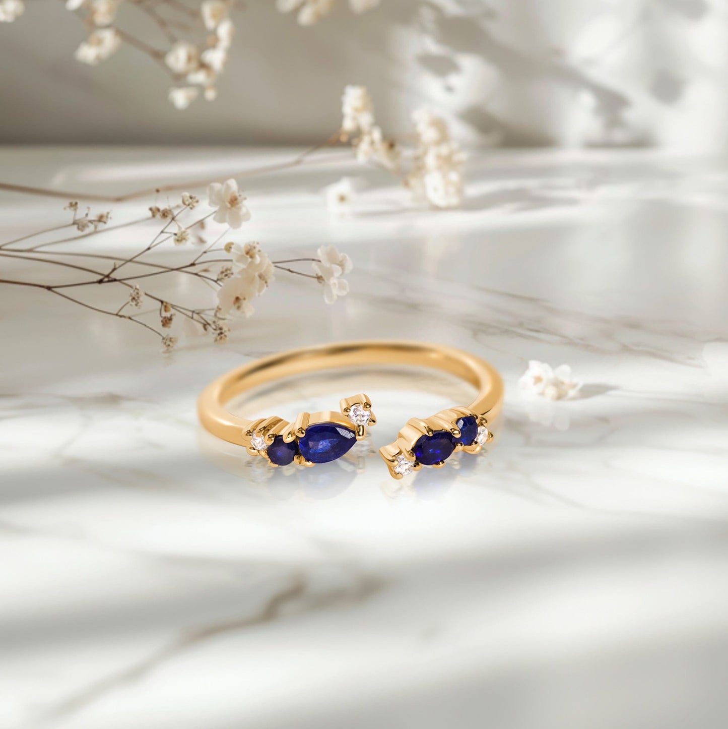 Adjustable Blue Sapphire Ring Flourish - September Birthstone Moon Magic