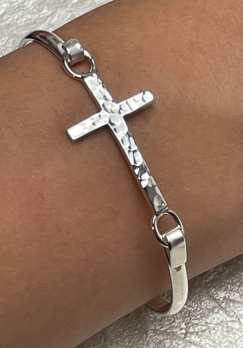 Sterling Silver Medium Slim Cross Bangle Bracelets, Christian Jewelry, Hammered Finish, Smooth Finish, Two Style Bangles to Choose From Starymagic