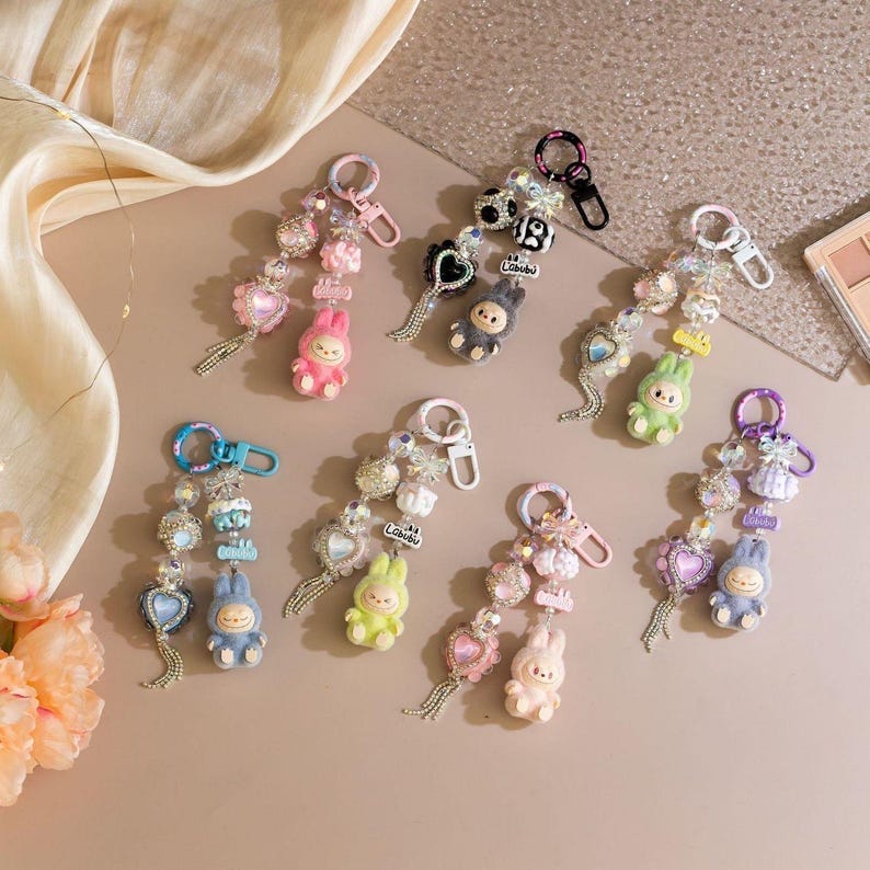 Cute Mini Labubu Bag Charms Keychain with Fluffy Fur Pompom Ball Starymagic