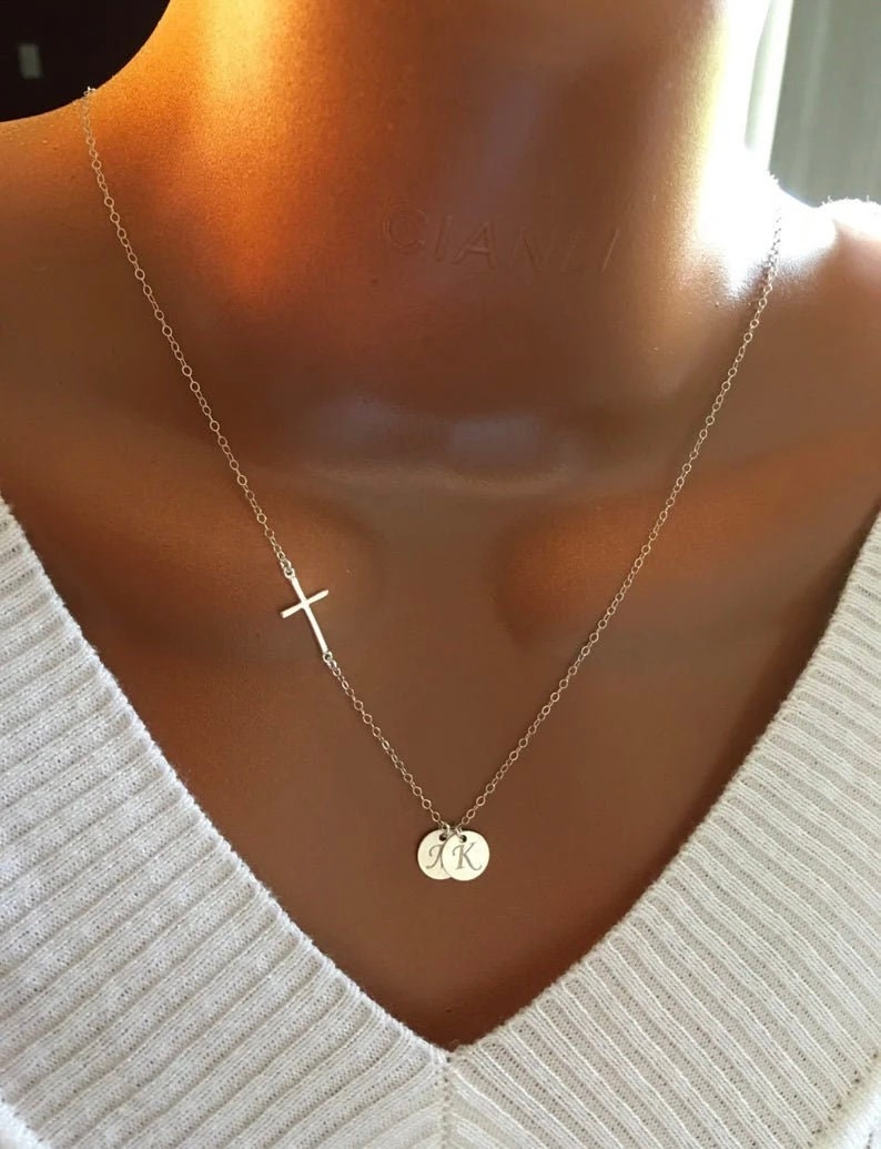 Mothers Personalized Sideway Cross And Initial Discs Necklace Starymagic