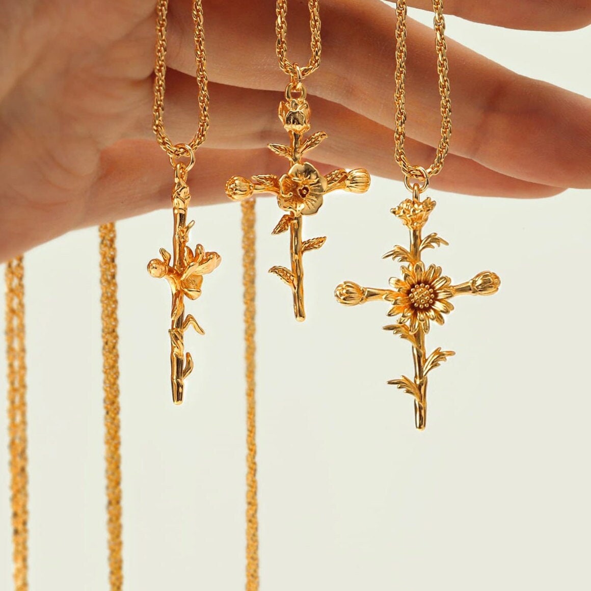 Birth Flower Gold Cross with Flowers Floral Pendant Necklace Starymagic