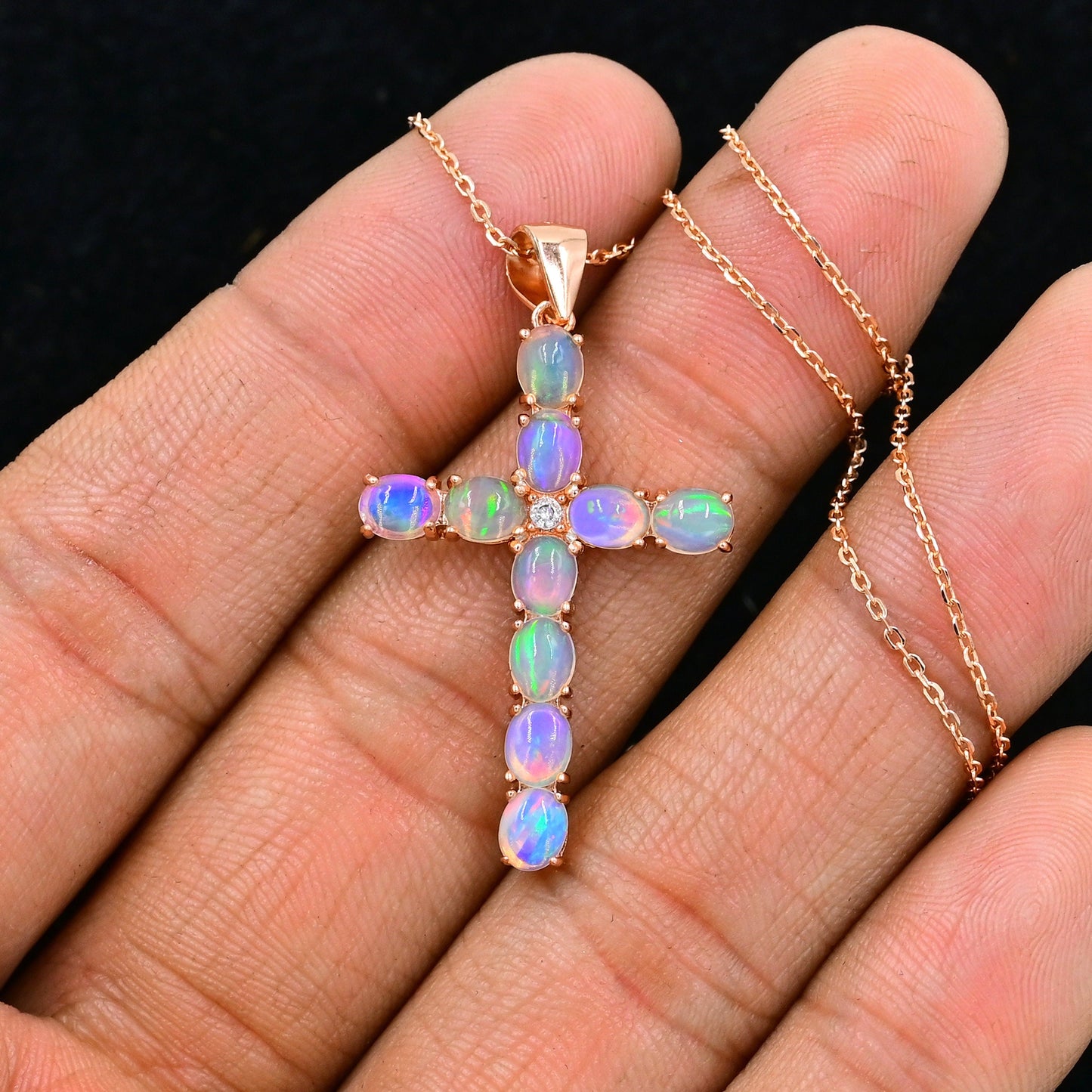 Natural Ethiopian Welo Cabochon Opal, Holy Cross Pendant Necklace, 925 Sterling Silver, Rainbow Fire Opal, October Birthstones, Gift For Her Starymagic