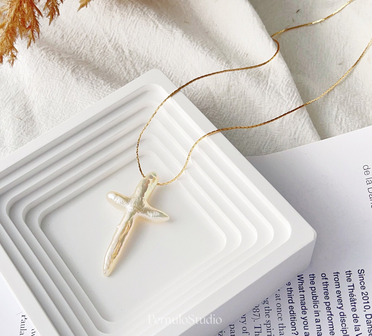 Baroque freshwater Cross Pearl Gold Necklace Starymagic