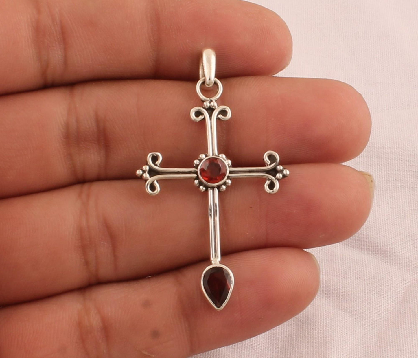 Red Garnet Cross Pendant Necklace Handmade 925 Sterling Silver Starymagic