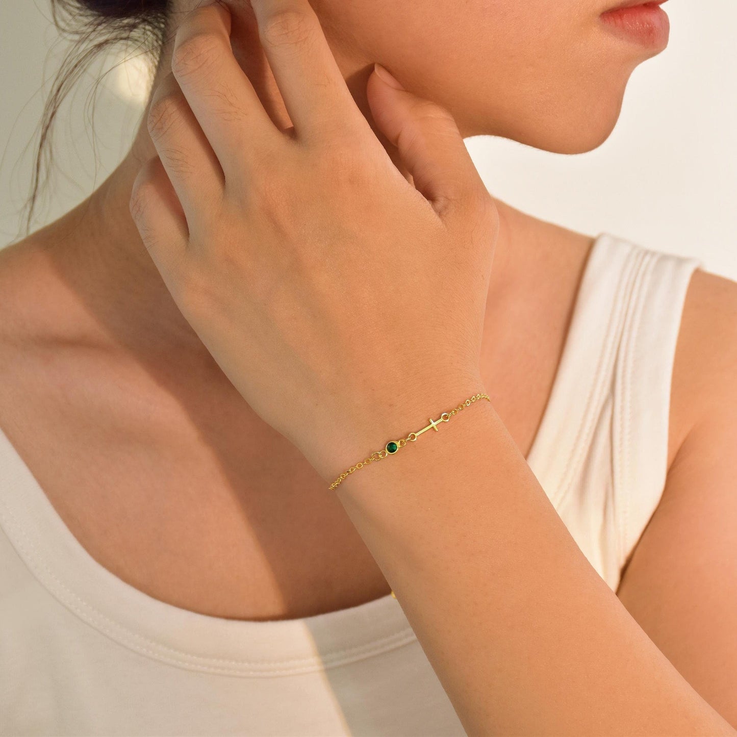 14K Gold Cross Bracelet with Birthstone Starymagic
