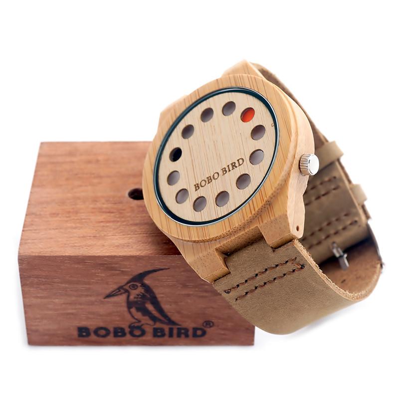 BOBO BIRD 12 Hole Bamboo Wood Watch With White Real Leather Straps Gifts for Designers
