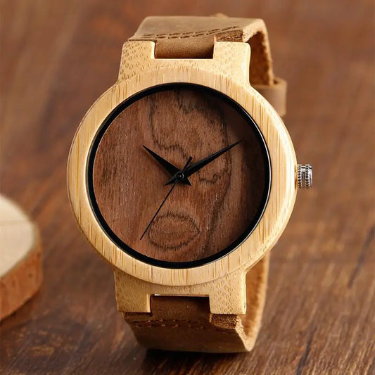 Hand-made Wood Watches with Brown Genuine Leather Band Gifts for Designers
