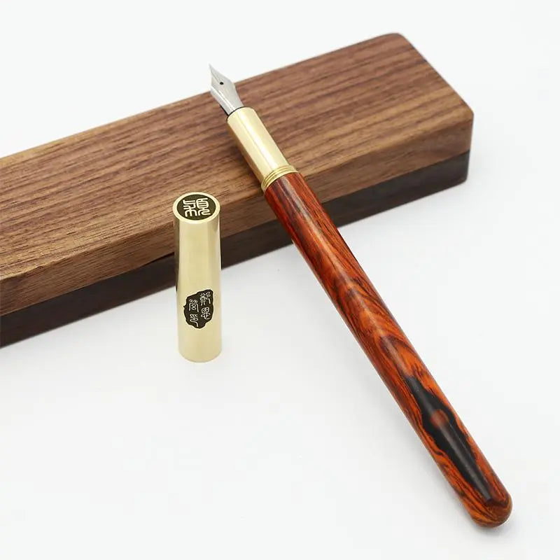 Red Sandalwood and Brass Fountain Pen with Walnut Case Gifts for Designers