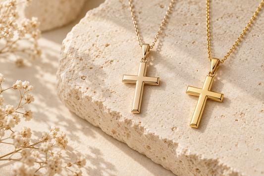 10K and 14K gold cross necklaces compared side by side