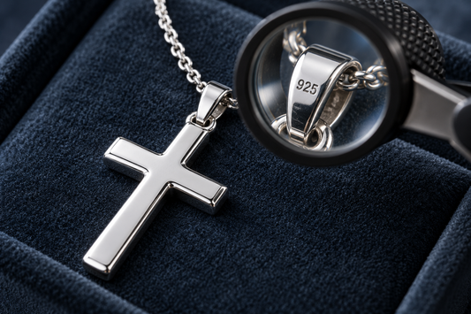 Sterling silver cross necklace with a 925 hallmark under a jeweler's loupe