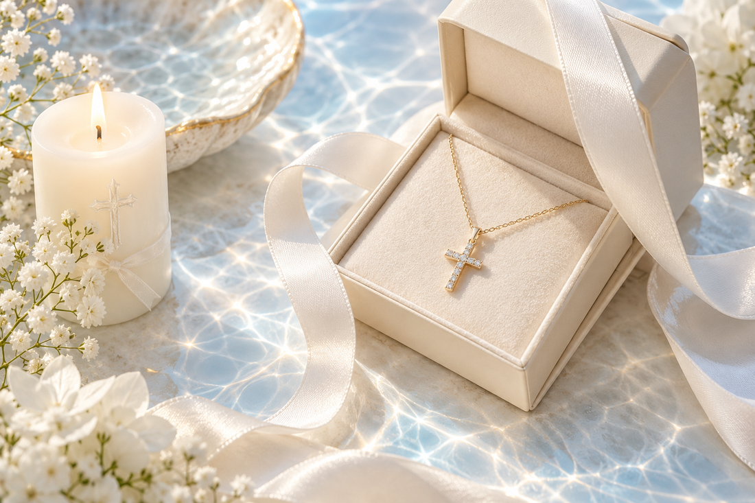 Cross necklace gift styled for a baptism