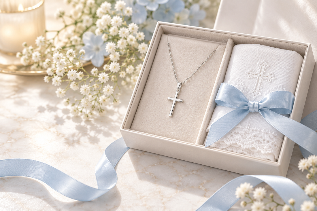 Silver cross necklace presented as a baptism gift with pale blue ribbon