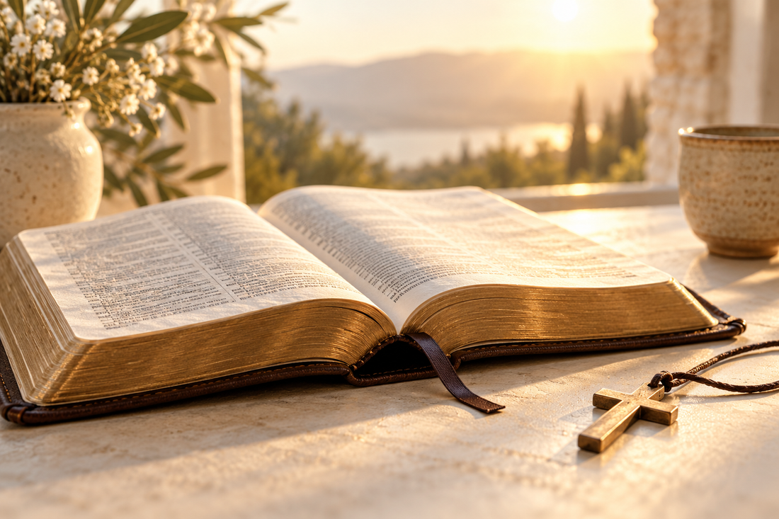 Open Bible and cross necklace in warm morning light