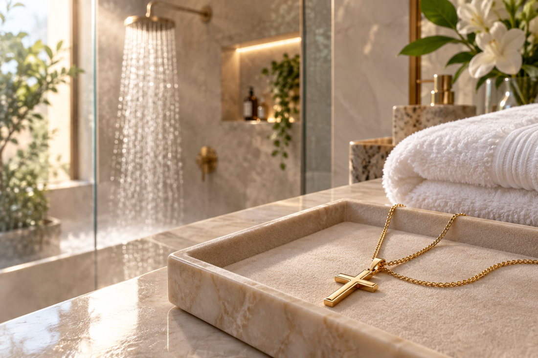 Gold cross necklace resting safely outside a shower