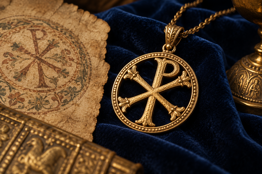 Chi-Rho Christian monogram pendant on blue velvet