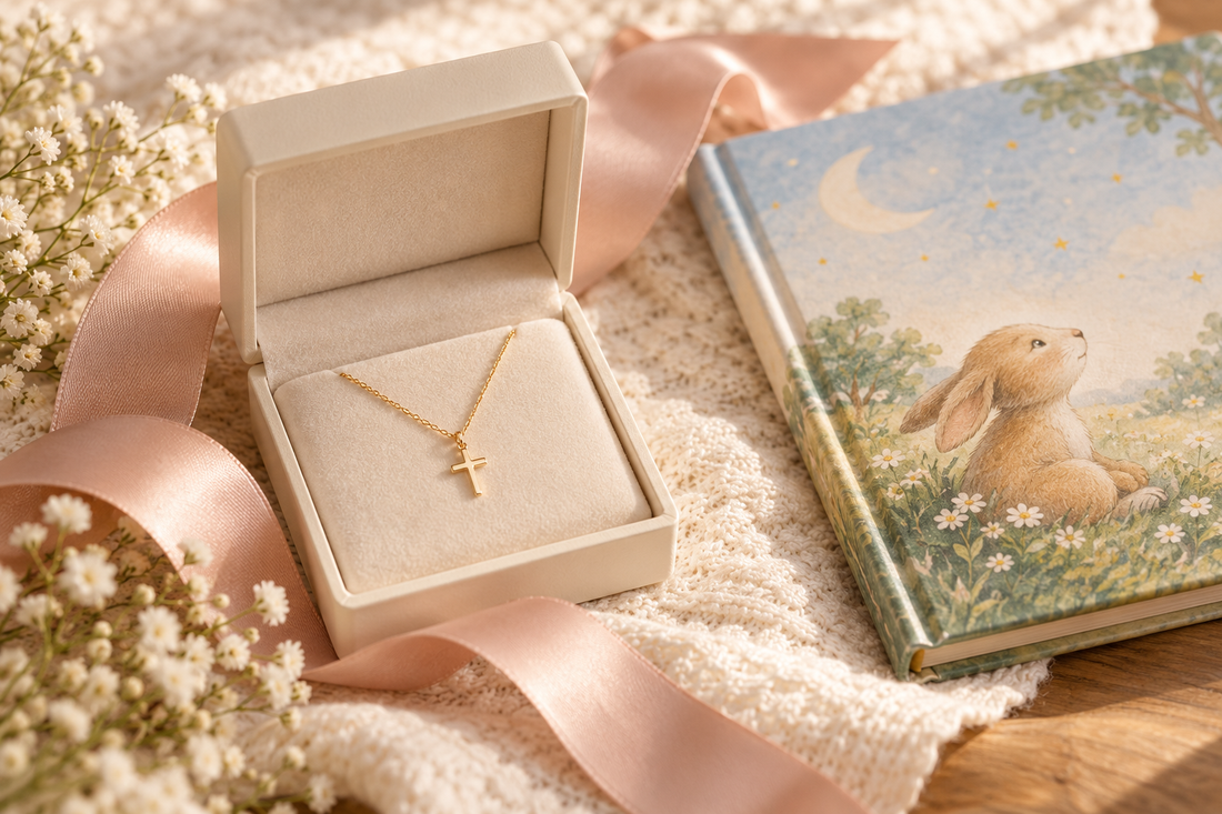 Tiny gold cross necklace kept safely inside a cream gift box