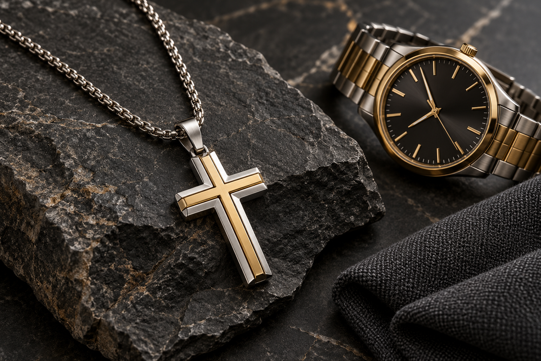 Men's cross necklace styled with dark neutral accessories