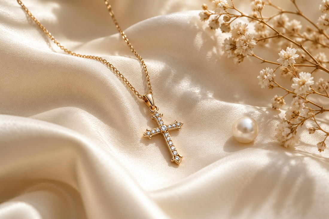 Delicate women's cross necklace styled on cream silk