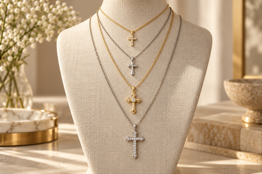 Cross necklaces shown at different chain lengths
