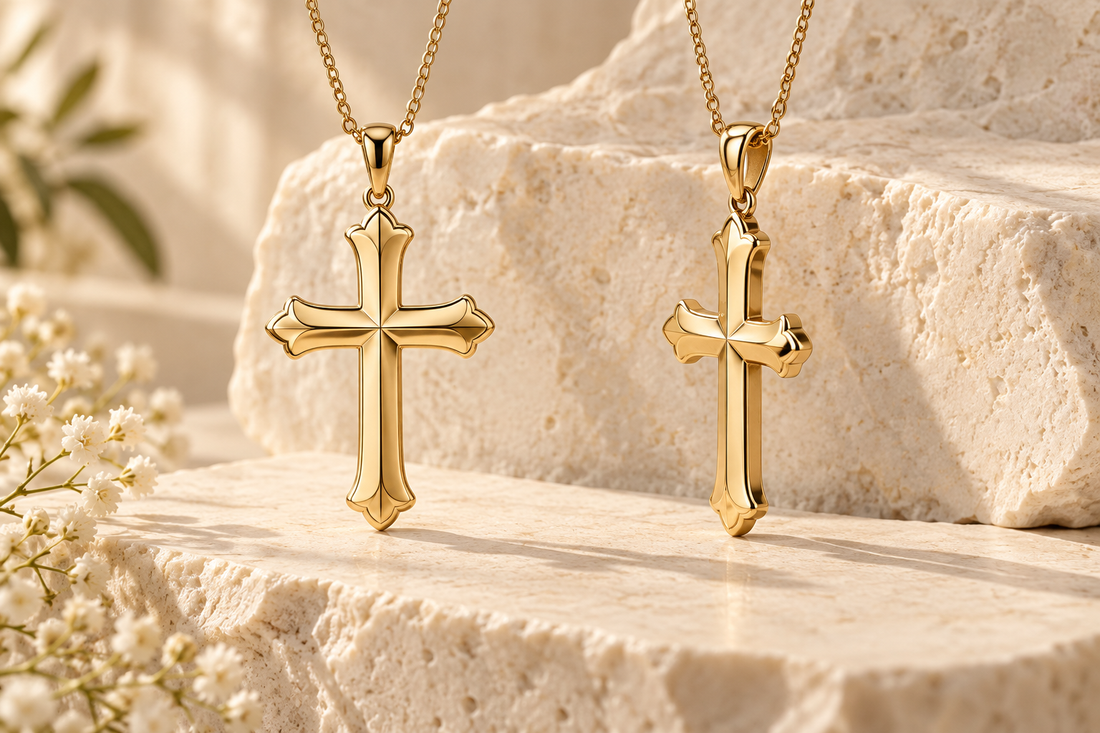 Two gold cross necklaces showing upright and rotated orientations